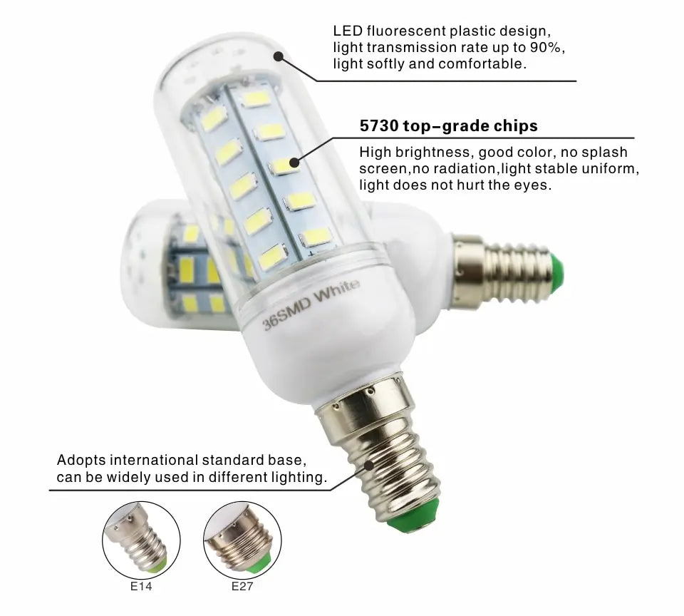 E27 Screw LED Corn Super Bright Light Bulb 72LEDs 5730SMD Light Bulb 220V Fixture Home Chandelier Candle Light Bulb Set 6000K Leedoar