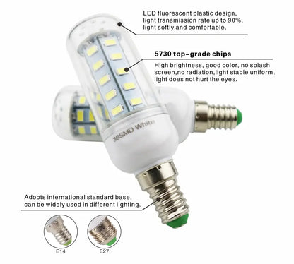 E27 Screw LED Corn Super Bright Light Bulb 72LEDs 5730SMD Light Bulb 220V Fixture Home Chandelier Candle Light Bulb Set 6000K Leedoar