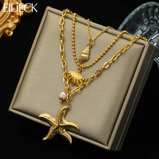 EILIECK 316L Stainless Steel Starfish Conch Shells Pearl Pendant Necklace For Women New 3in1 Choker Chains Jewelry Lady Gift Leedoar