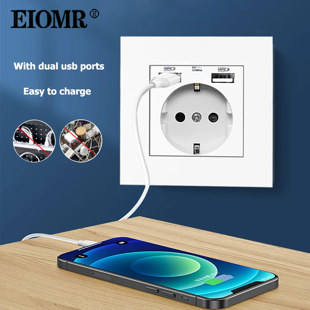 EIOMR-toma de corriente USB de pared, toma de corriente eléctrica de 5V, 2.1A, 16A, doble puerto USB, IOS, teléfono Android, puerto de carga 