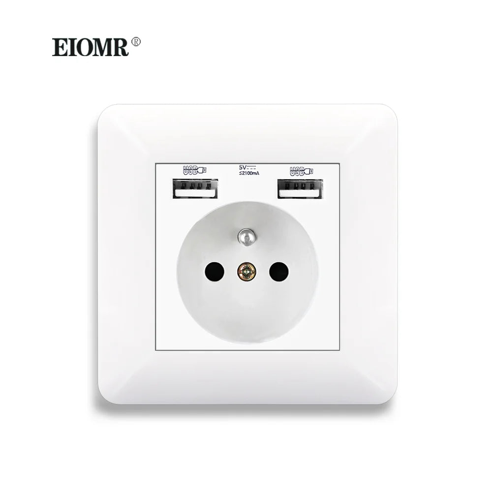 EIOMR-toma de corriente USB de pared, toma de corriente eléctrica de 5V, 2.1A, 16A, doble puerto USB, IOS, teléfono Android, puerto de carga 