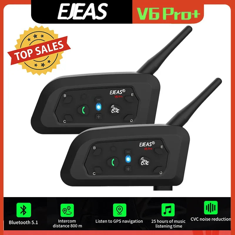 EJEAS V6 PRO+ Bluetooth Motorcycle Helmet Intercom Headset with 1200M BT Interphone Communicator for 6 Riders Waterproof Leedoar