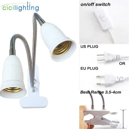 EU EUA Plug 360 graus Suporte de lâmpada de mesa flexível E27 Base soquete de luz Gooseneck Clip-On Cabo com interruptor liga/desliga para planta doméstica 