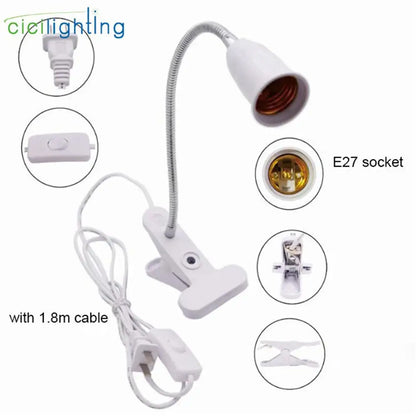 EU EUA Plug 360 graus Suporte de lâmpada de mesa flexível E27 Base soquete de luz Gooseneck Clip-On Cabo com interruptor liga/desliga para planta doméstica 