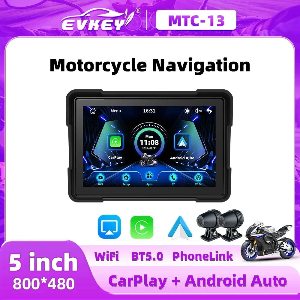 EVKEY MTC13 Navigation Motorcycle Waterproof Apple Carplay Display Screen Portable Motorcycle Wireless Android Auto Monitor Leedoar