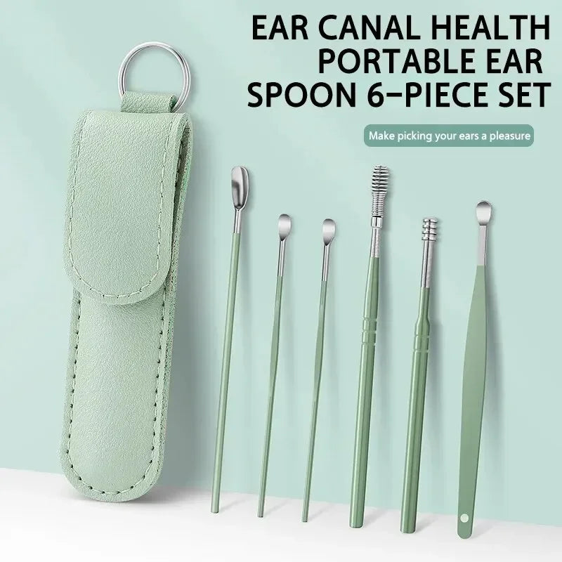 Earspoon Six-piece Ear-picking Tool Stainless Steel Ear-picking Spoon Leather Bag Ear-cleaning Spoon Easy to Carry at Home Leedoar