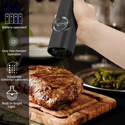 Moedor elétrico automático de pimenta e sal com conjunto de base alimentado por bateria com luz LED, ferramenta de cozinha de grossura ajustável 