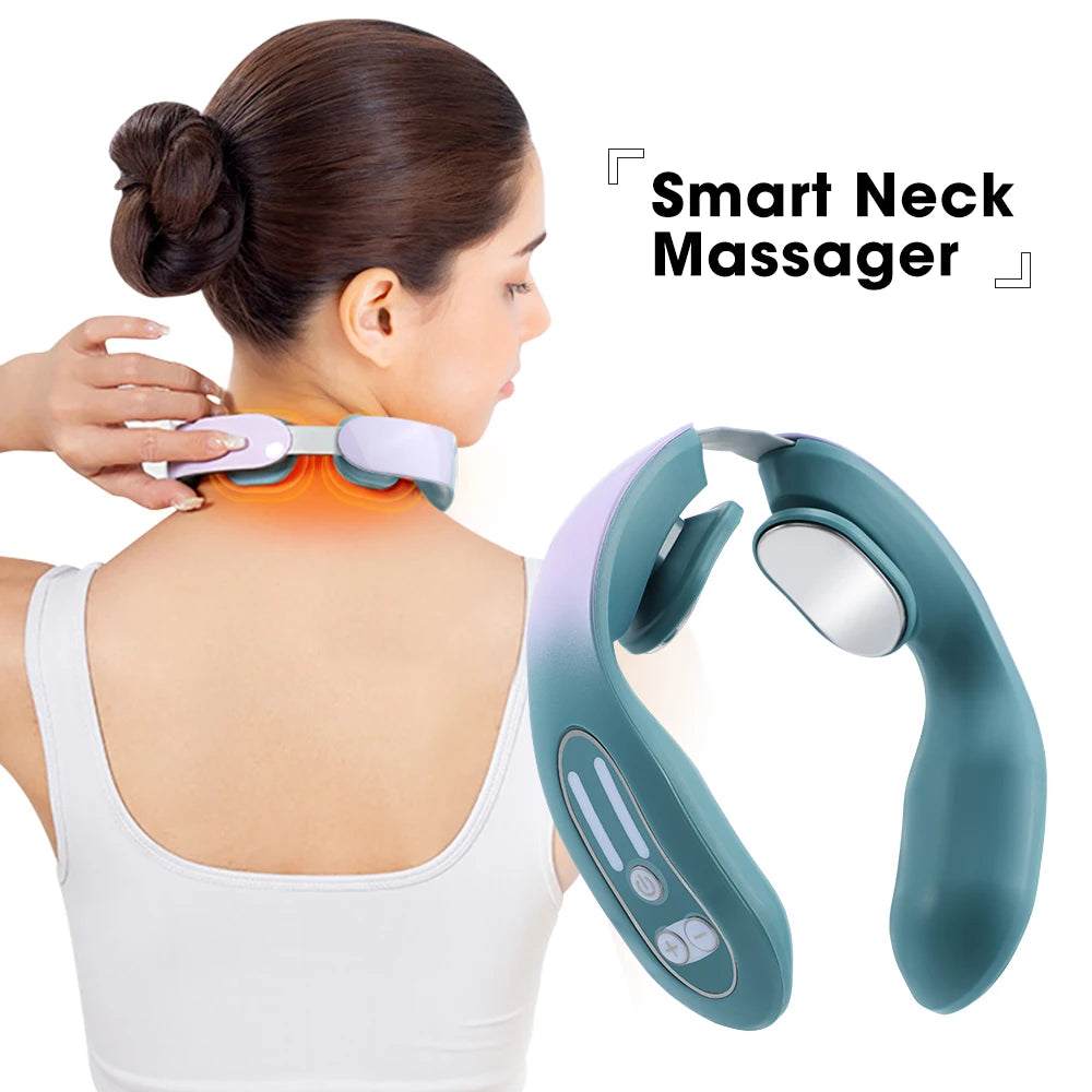 Electric Neck Massager TENS 12 Gears Cervical Neck Massager Shoulder Cervical Hot Compress Heat Relaxation Leedoar