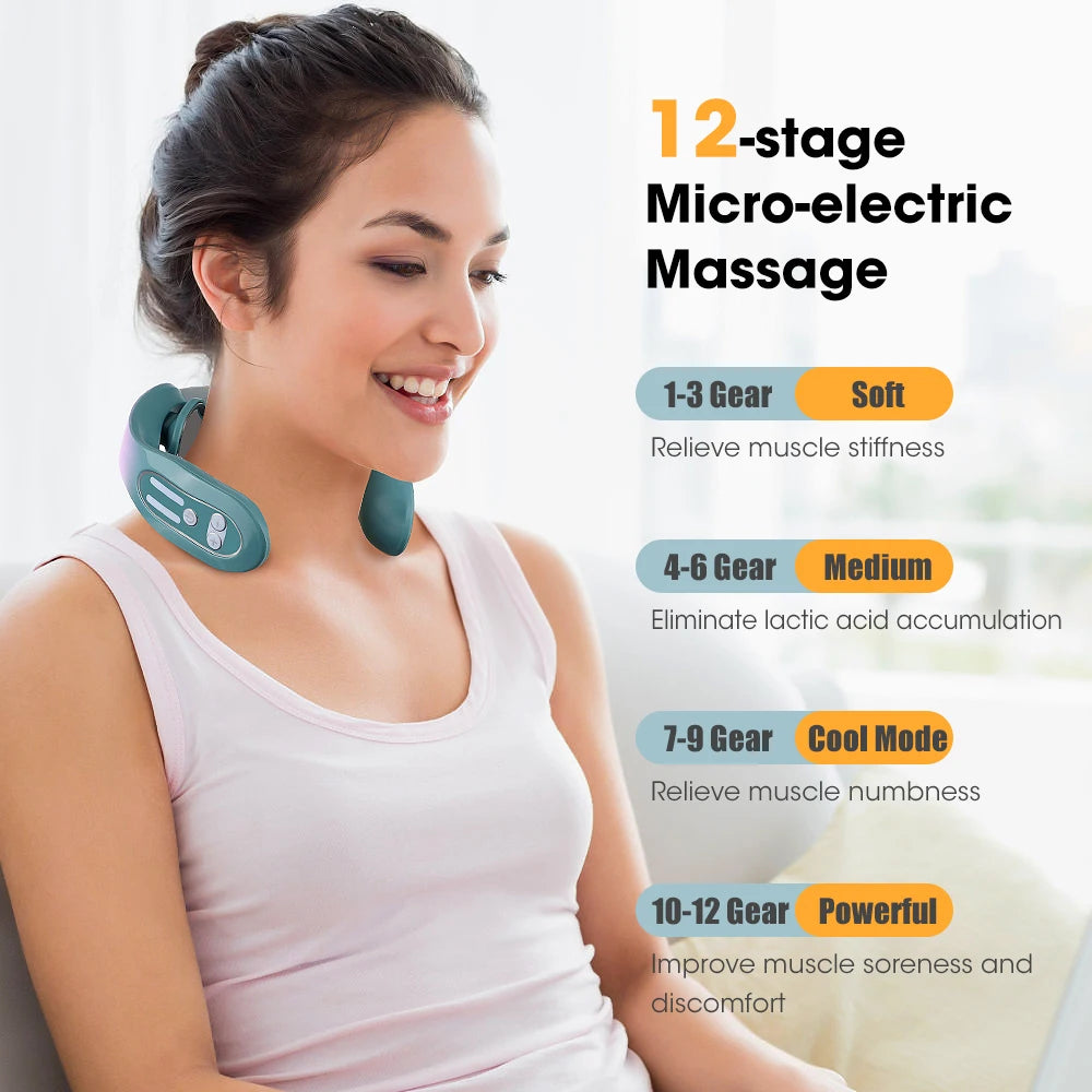 Electric Neck Massager TENS 12 Gears Cervical Neck Massager Shoulder Cervical Hot Compress Heat Relaxation Leedoar