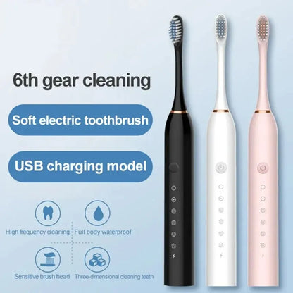 Cepillo de dientes eléctrico ultrasónico de seis velocidades, modo de cabello suave para el hogar, carga USB, limpiador de dientes impermeable para adultos, juego automático para parejas 