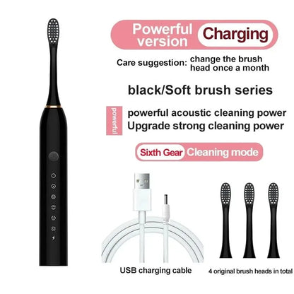 Cepillo de dientes eléctrico ultrasónico de seis velocidades, modo de cabello suave para el hogar, carga USB, limpiador de dientes impermeable para adultos, juego automático para parejas 