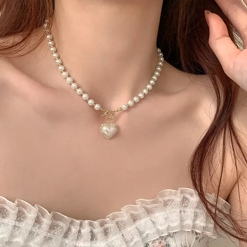 Elegant Pearl Necklace for Women Heart Pendant Necklaces Luxury Imitation Pearls Chain Necklaces Korean Jewelry Girls Gifts Leedoar