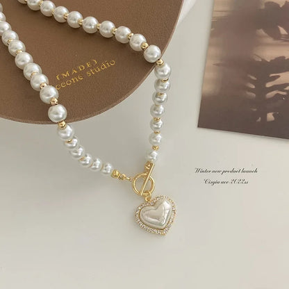 Elegant Pearl Necklace for Women Heart Pendant Necklaces Luxury Imitation Pearls Chain Necklaces Korean Jewelry Girls Gifts Leedoar