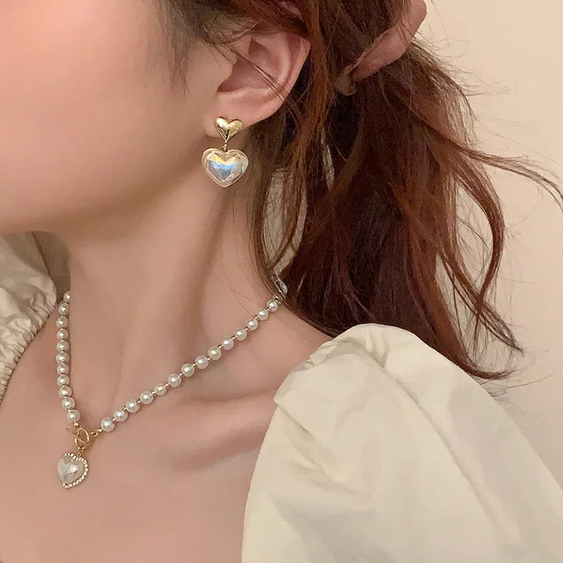 Elegant Pearl Necklace for Women Heart Pendant Necklaces Luxury Imitation Pearls Chain Necklaces Korean Jewelry Girls Gifts Leedoar