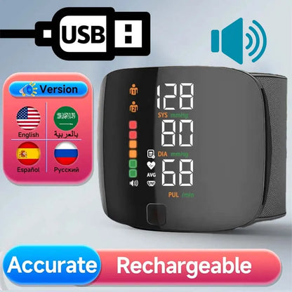 Inglês/Russo/Árabe/Espanhol Transmissão de voz Tonômetro Monitor de pressão arterial Novo monitor de pressão arterial de pulso recarregável por LED sensível ao toque 