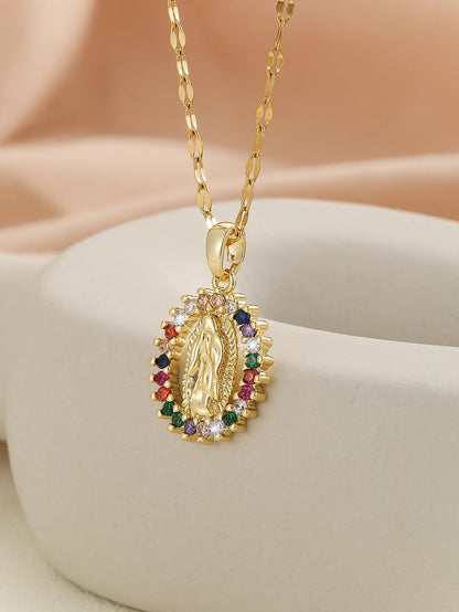 European and American Fashion and Gorgeous Women's All Sky Star Micro Inlaid Colorful Zircon Virgin Mary Hollow Necklace Leedoar