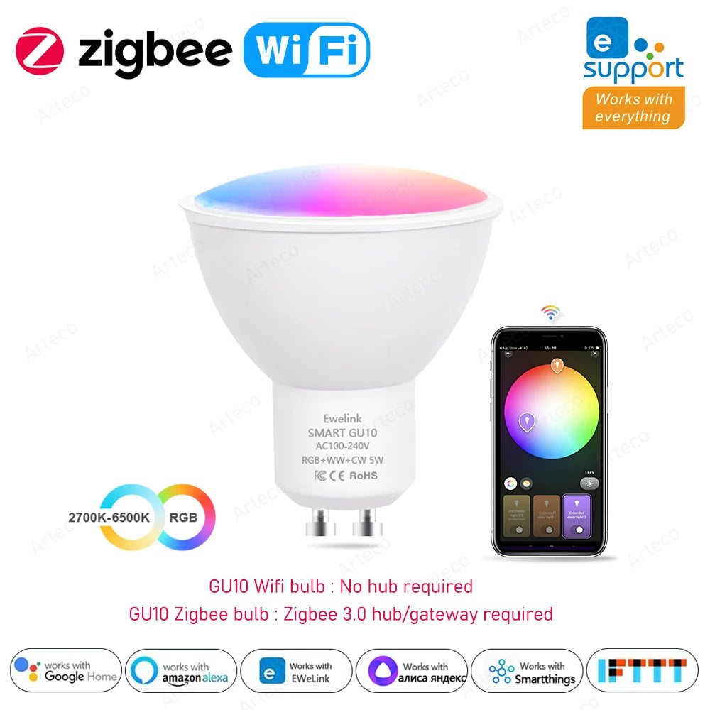 Bombillas LED GU10 Zigbee de Ewelink, lámpara LED inteligente con WiFi, RGB, CW, WW, control por aplicación Ewelink, funciona con Alexa, Google Yandex 