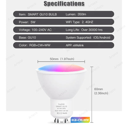 Bombillas LED GU10 Zigbee de Ewelink, lámpara LED inteligente con WiFi, RGB, CW, WW, control por aplicación Ewelink, funciona con Alexa, Google Yandex 