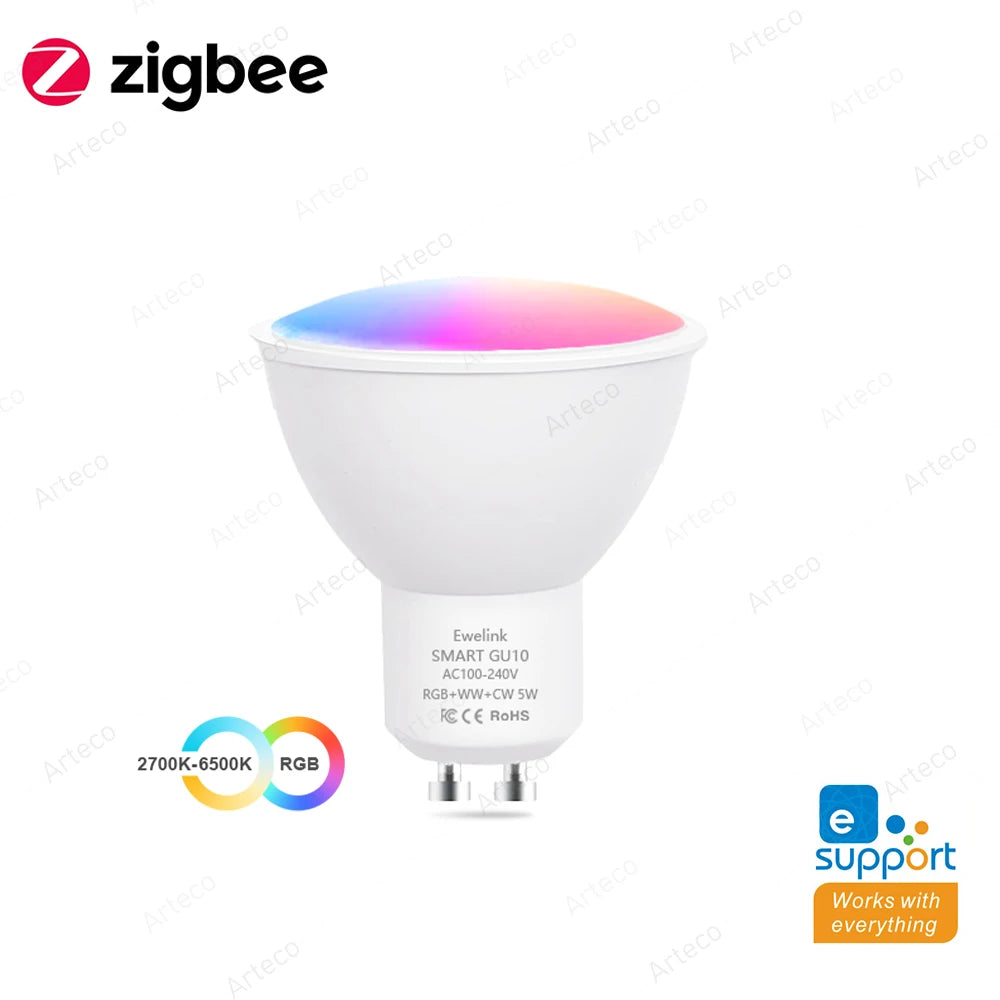 Bombillas LED GU10 Zigbee de Ewelink, lámpara LED inteligente con WiFi, RGB, CW, WW, control por aplicación Ewelink, funciona con Alexa, Google Yandex 