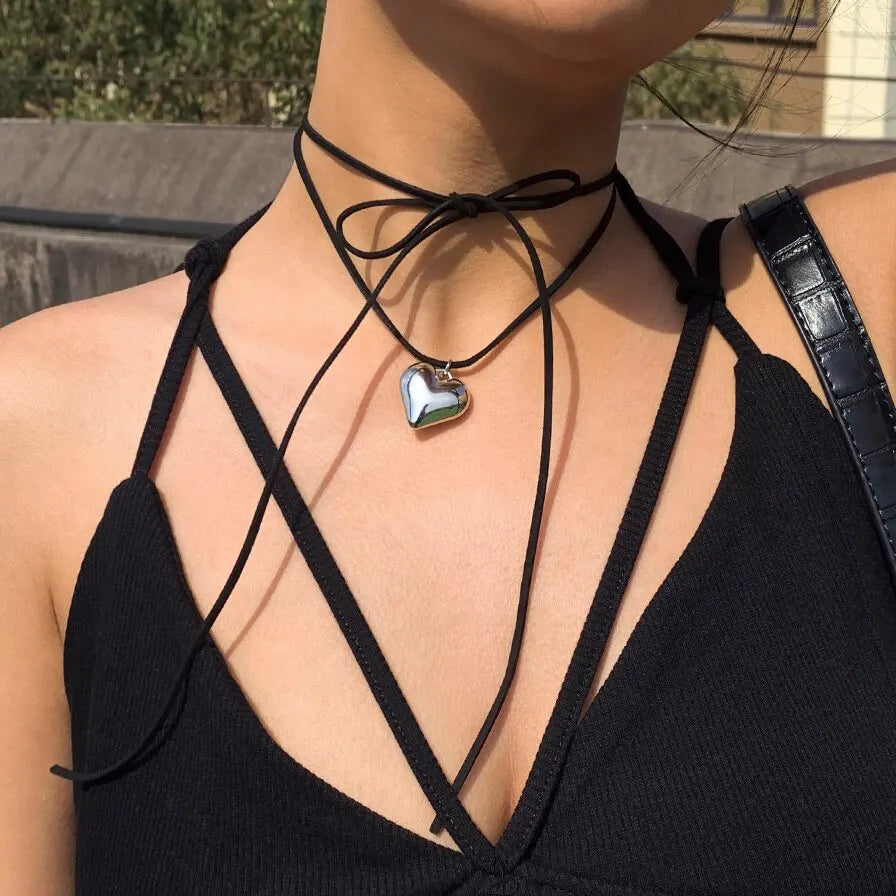 Exaggerated Black Velvet Big Heart Pendant Choker Necklace Women Knotted Bowknot Adjustable Rope Chain Jewelry Wed Accessories Leedoar