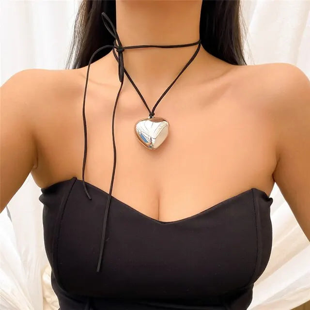 Exaggerated Black Velvet Big Heart Pendant Choker Necklace Women Knotted Bowknot Adjustable Rope Chain Jewelry Wed Accessories Leedoar