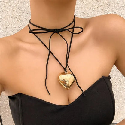 Exaggerated Black Velvet Big Heart Pendant Choker Necklace Women Knotted Bowknot Adjustable Rope Chain Jewelry Wed Accessories Leedoar