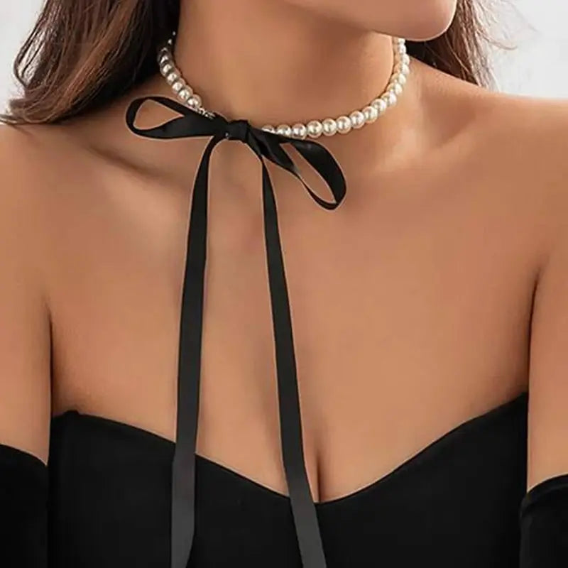 Exquisite Imitation Pearl Choker Necklace Fashionable Bow Tie Lace Up Velalvet Necklace Personality Simple Jewelry For Woman Leedoar