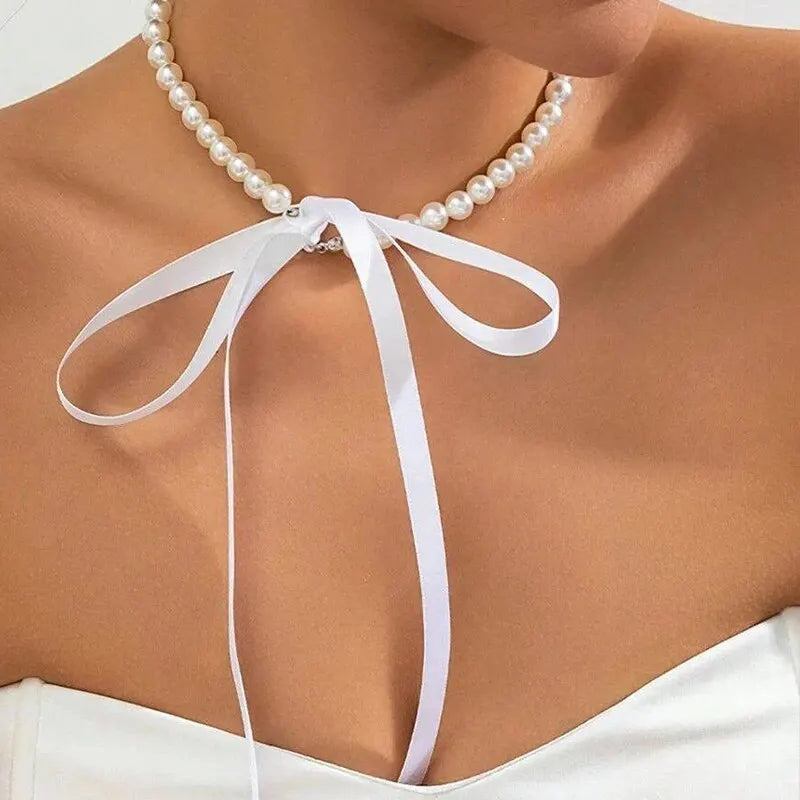 Exquisite Imitation Pearl Choker Necklace Fashionable Bow Tie Lace Up Velalvet Necklace Personality Simple Jewelry For Woman Leedoar