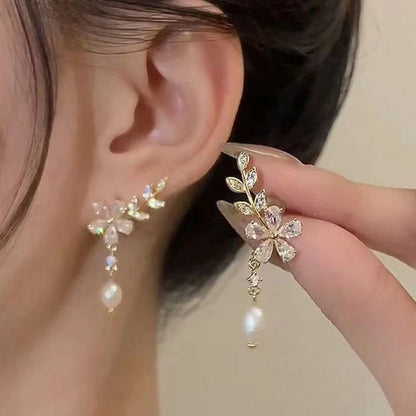 Exquisite Leaves Crystal Flower Stud Earrings For Women Zircon Tassel Drop Dangle Earrings Bride Wedding Party Jewelry Leedoar