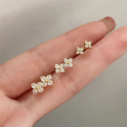 Exquisite Small Round Cubic Zirconia Flower Shape Stud Gold Color Earring for Women Simple Party Wedding Fashion Jewelry Leedoar