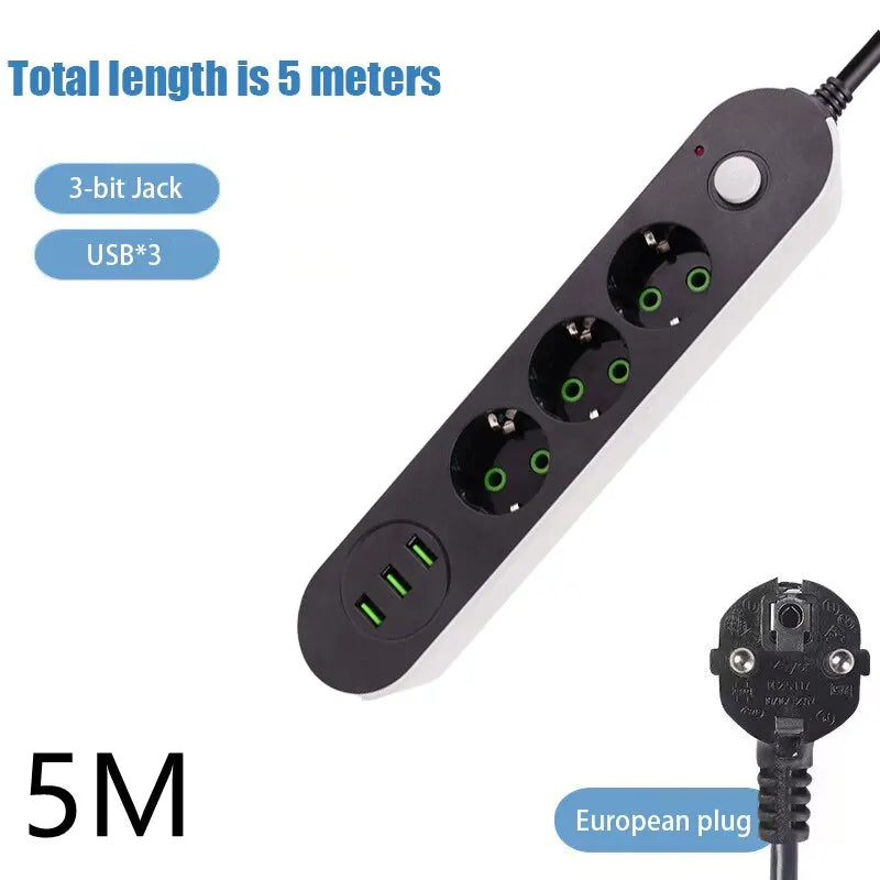 Cabo de extensão de tomada de régua de energia plugue da UE 3 USB carregamento 2M 3M 5M cabo de alimentação adaptador de carregamento de parede adequado 