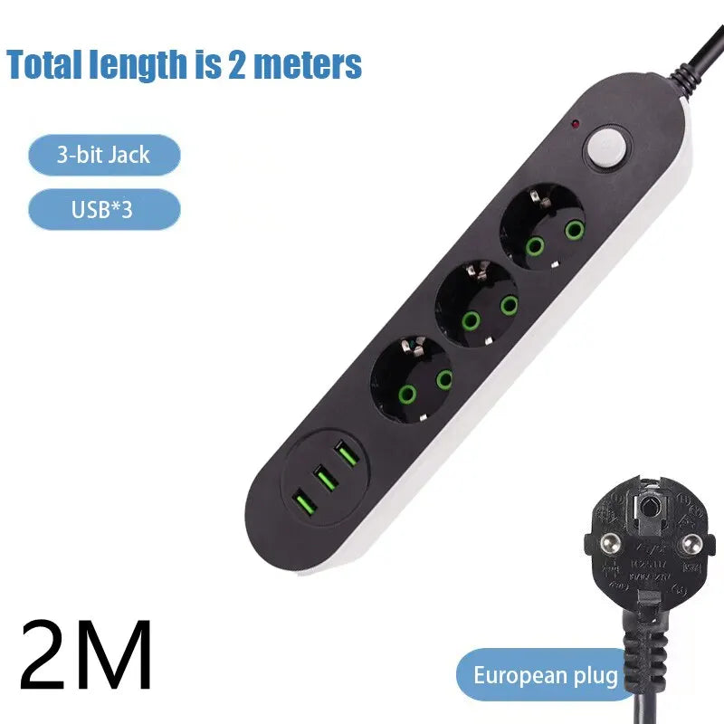 Cabo de extensão de tomada de régua de energia plugue da UE 3 USB carregamento 2M 3M 5M cabo de alimentação adaptador de carregamento de parede adequado 