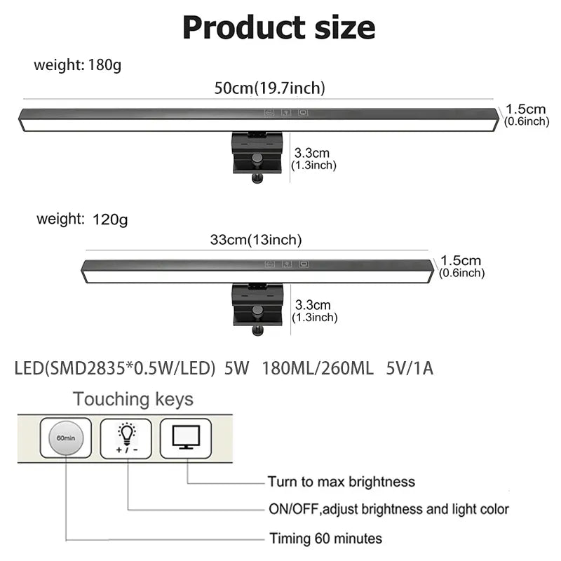 Eye-Care Desk Lamp 50cm LED Computer PC Monitor Screen Light Bar Stepless Dimming Reading USB Powered Hanging Table Lamp Leedoar