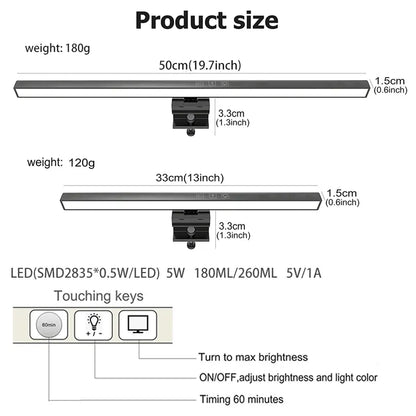Eye-Care Desk Lamp 50cm LED Computer PC Monitor Screen Light Bar Stepless Dimming Reading USB Powered Hanging Table Lamp Leedoar