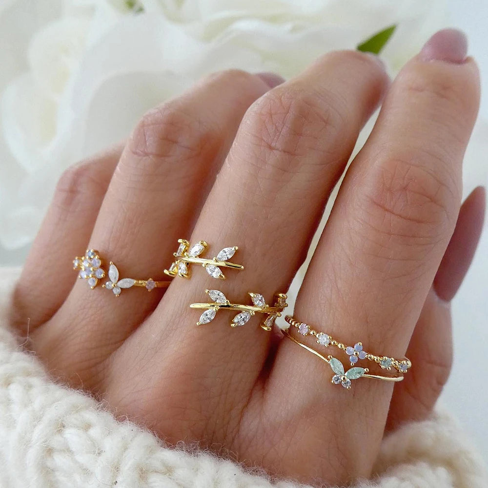 FNIO Fashion Crystal Leaves Rings for Women Girl Butterfly Flower Rings Set Birthday Gifts Jewelry Leedoar