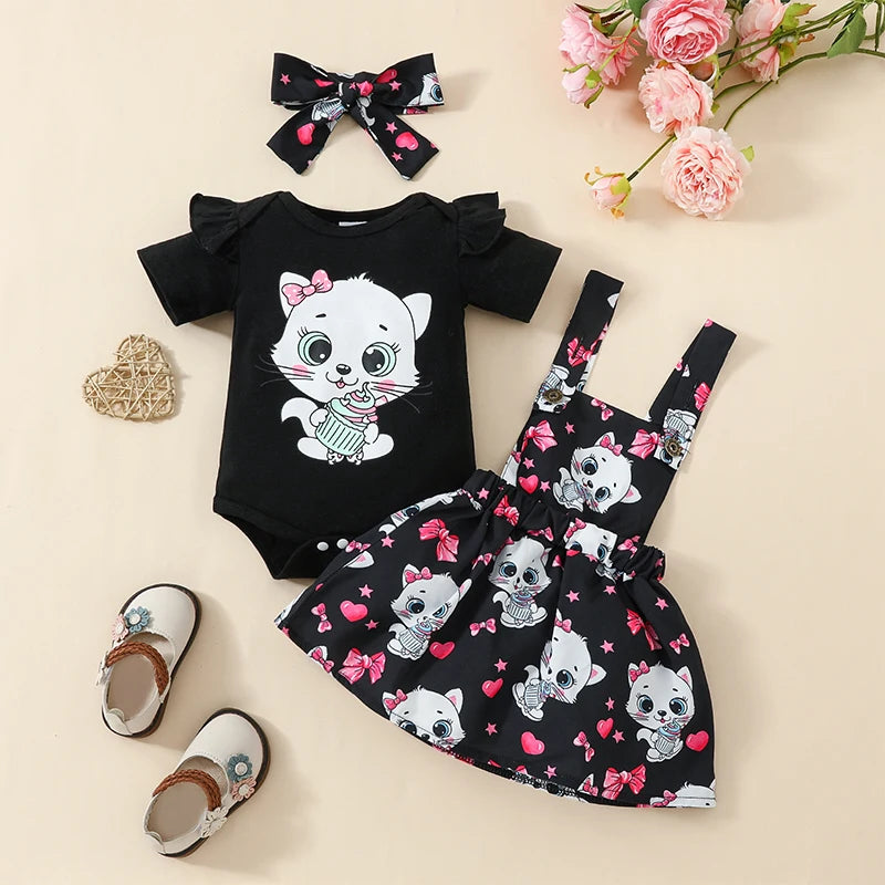 FOCUSNORM 3pcs Infant Baby Girls Clothes Set 0-18M Animal Print Short Sleeve Romper with Suspender Dress and Headband Leedoar