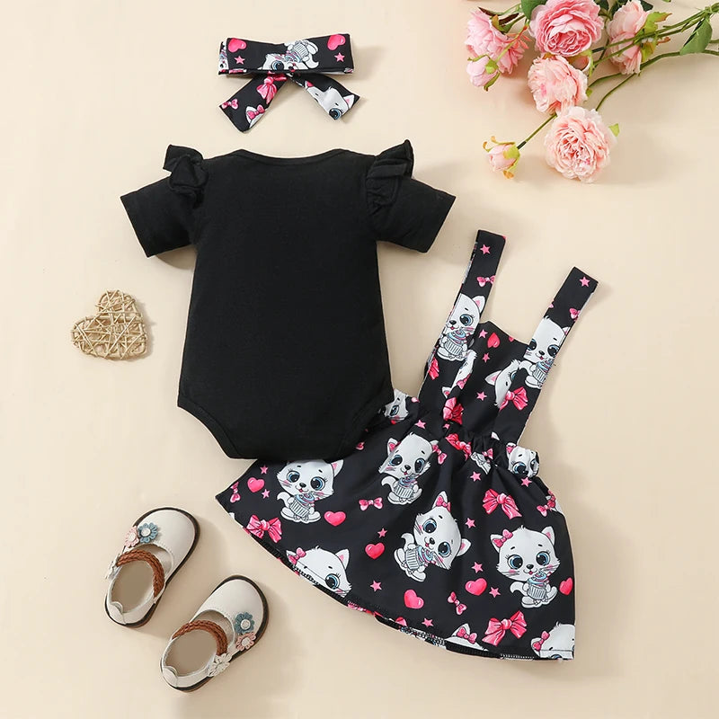 FOCUSNORM 3pcs Infant Baby Girls Clothes Set 0-18M Animal Print Short Sleeve Romper with Suspender Dress and Headband Leedoar