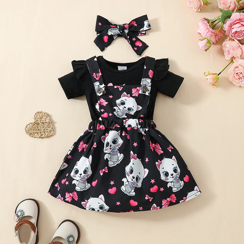FOCUSNORM 3pcs Infant Baby Girls Clothes Set 0-18M Animal Print Short Sleeve Romper with Suspender Dress and Headband Leedoar