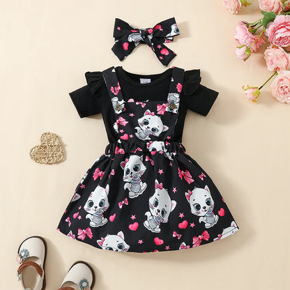 FOCUSNORM 3pcs Infant Baby Girls Clothes Set 0-18M Animal Print Short Sleeve Romper with Suspender Dress and Headband Leedoar