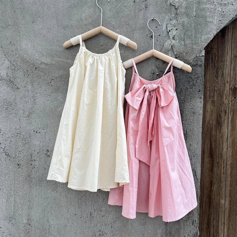 Fashion Baby Girl Princess Cotton Strap Dress Bow Infant Toddler Child Suspender Vestido Solid Color Summer Baby Clothes 1-10Y Leedoar