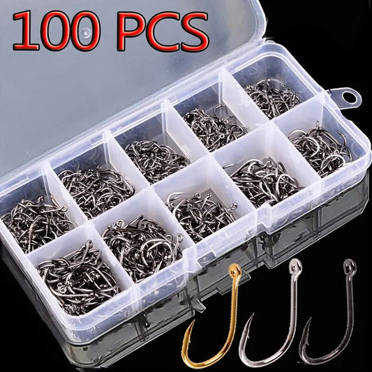 Fishing Hooks Set 100Pcs Box 10 Series High Carbon Steel Single Circle Fishing Hook Fly Fishing Jip Barbed Carp Hooks