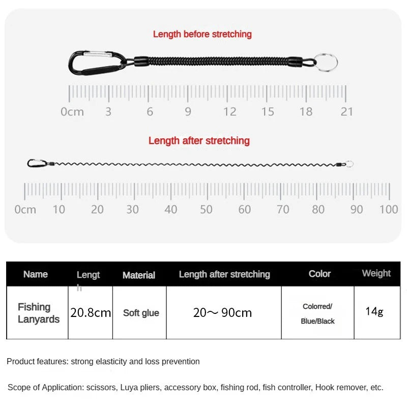 Cordões de pesca 5 peças Corda elástica retrátil tática com mosquetão para acampamento, chaveiro anti-perda de telefone, corda de pesca 