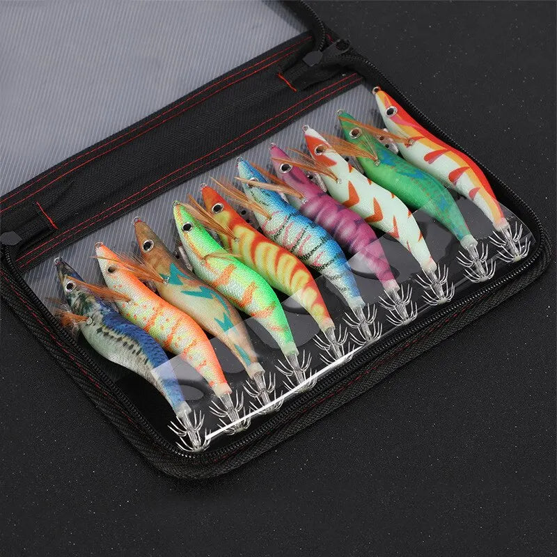 Fishing Wood Shrimp Luminous Squid Octopus Lure 10PCS 3.0 3D Eyes Fishing Lure Hard Bait Wobbler Squid Jig Lure with Bag Leedoar