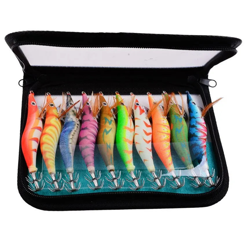 Fishing Wood Shrimp Luminous Squid Octopus Lure 10PCS 3.0 3D Eyes Fishing Lure Hard Bait Wobbler Squid Jig Lure with Bag Leedoar