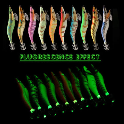 Fishing Wood Shrimp Luminous Squid Octopus Lure 10PCS 3.0 3D Eyes Fishing Lure Hard Bait Wobbler Squid Jig Lure with Bag Leedoar