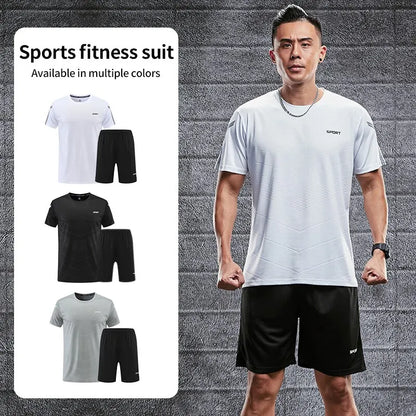 Fitness Clothes Mens Ice Silk Quick Drying Sportswear Set Summer Short Sleeved Tshirt Morning Running Basketball Training Room Leedoar