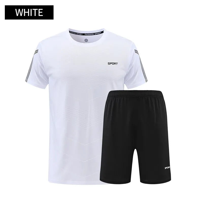 Fitness Clothes Mens Ice Silk Quick Drying Sportswear Set Summer Short Sleeved Tshirt Morning Running Basketball Training Room Leedoar