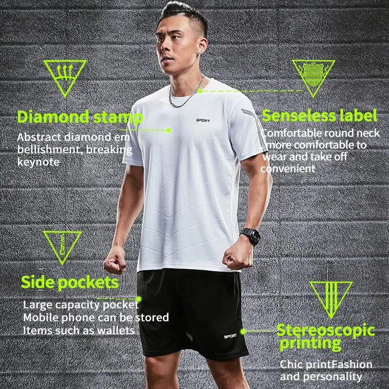 Fitness Clothes Mens Ice Silk Quick Drying Sportswear Set Summer Short Sleeved Tshirt Morning Running Basketball Training Room Leedoar