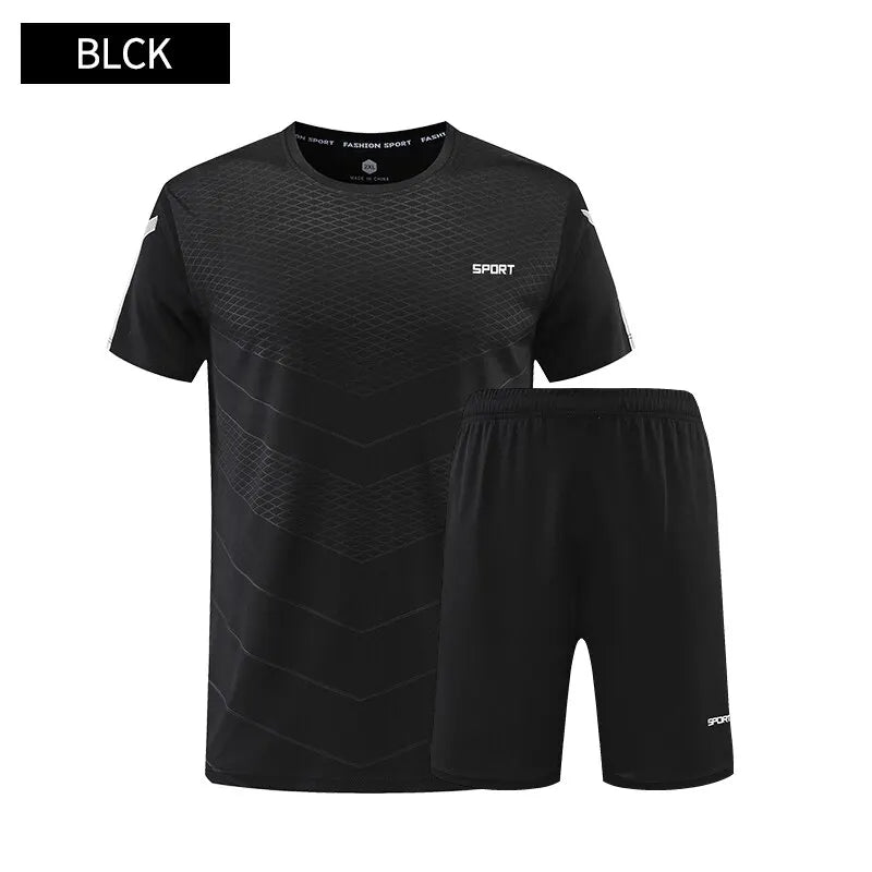 Fitness Clothes Mens Ice Silk Quick Drying Sportswear Set Summer Short Sleeved Tshirt Morning Running Basketball Training Room Leedoar