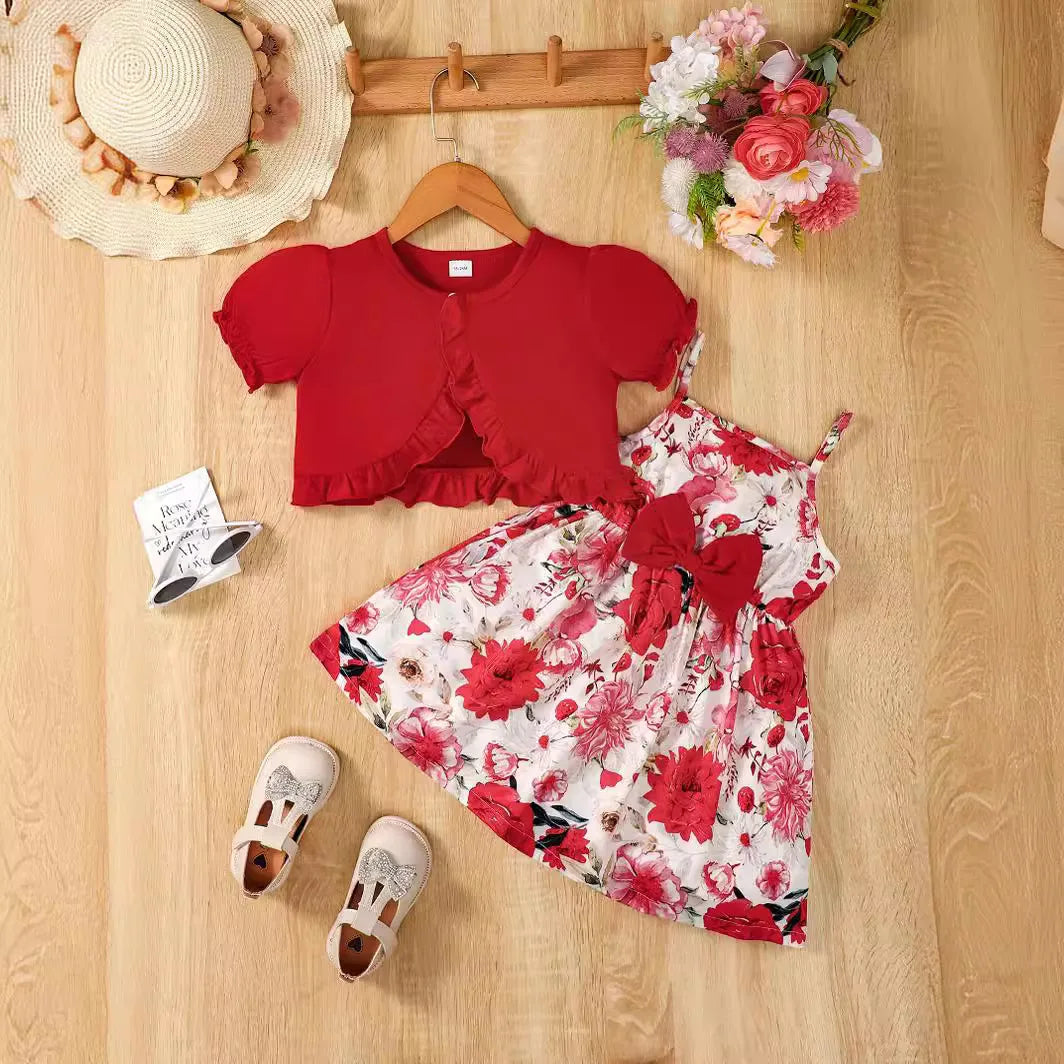 Floral Print Bow Suspender Girls Dress Sweet Red Shawl Casual Princess Dress Children's Clothes Set Leedoar